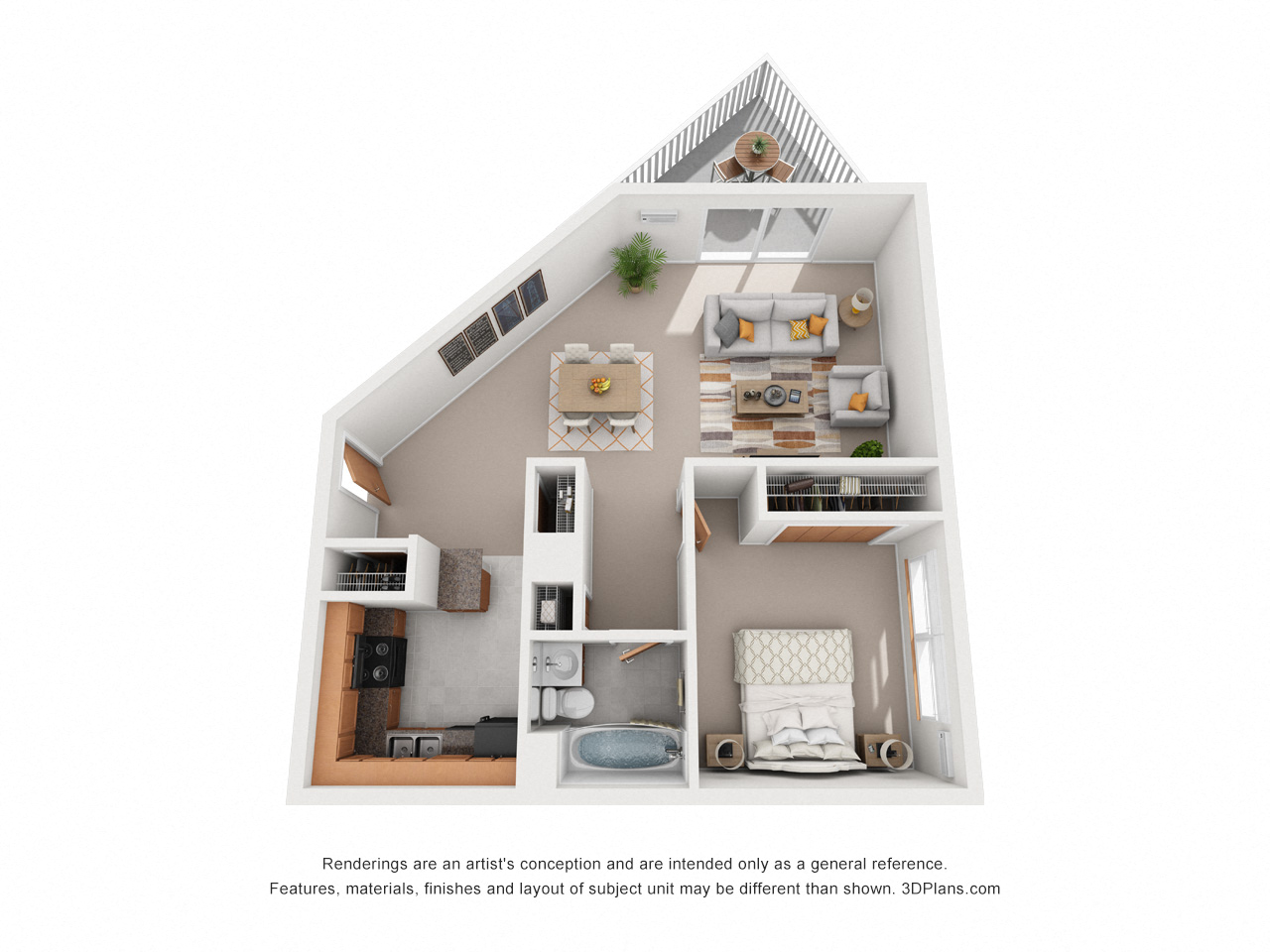 Floor plan for 1 bed, 1 bath, 715 sqft